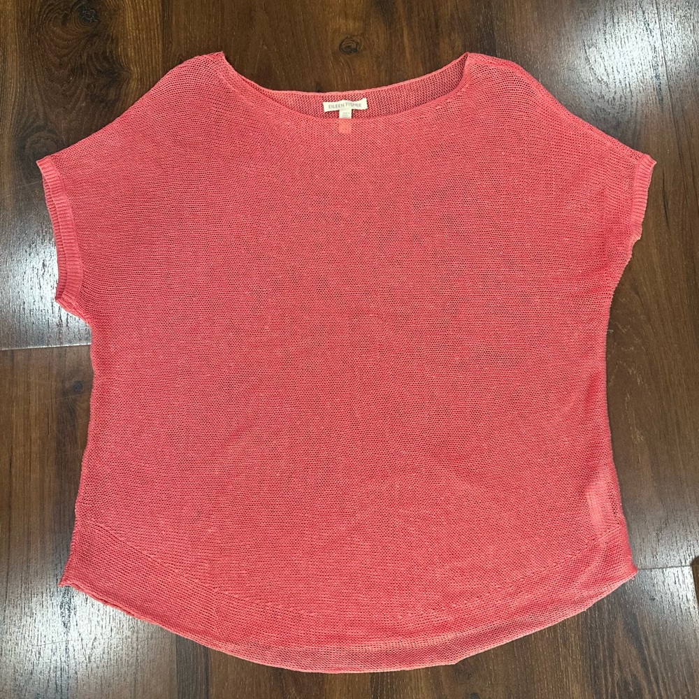Eileen Fisher Coral-Red Lightweight Short Sleeve Knit Top